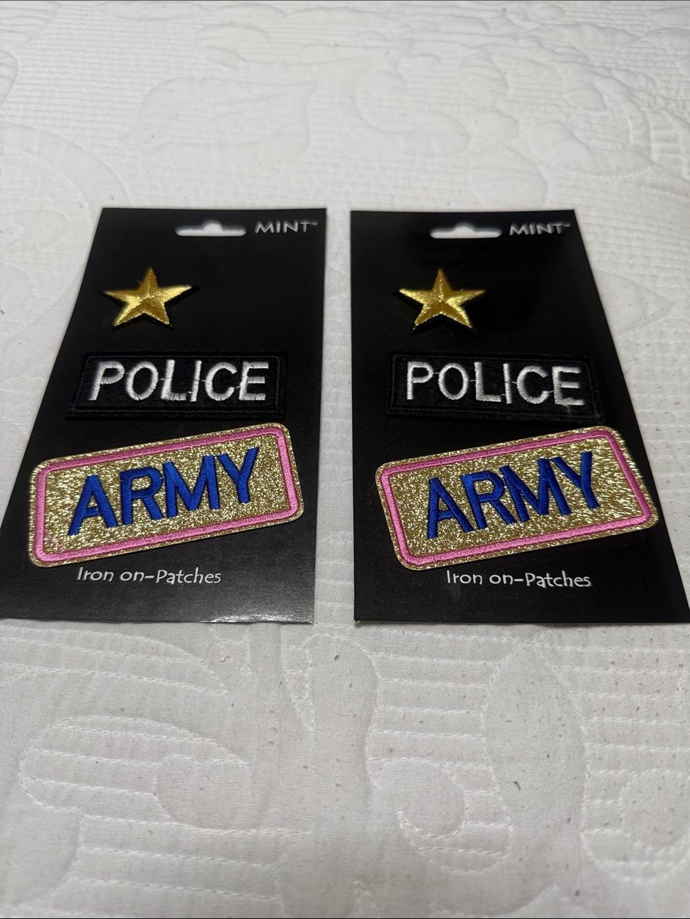 Set of 2 MINT Iron-On Patch Set - Gold Star, POLICE & ARMY Patches